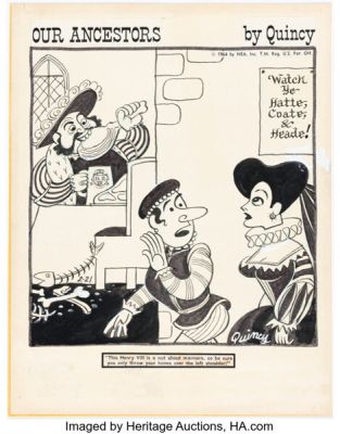 Richard Yardley (as Quincy) Our Ancestors Daily Single Panel Gag Comic Strip Original Art dated 2-21-64 (NEA, 1964). | Heritage