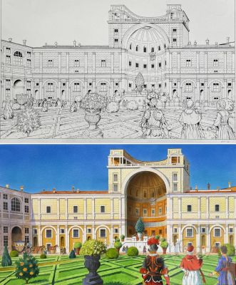 Enrico / J Martin / Les Voyages de Jhen. Double Planche Originale + La Mise En Couleurs Originale de L’album T16 "Le Vatican" Qui Illustre Une Superbe Vue Extérieure Des Jardins Du Vatican À Rome. Maîtrise Technique Impressionnante Et Rafinnement Total de La Part de Ce Digne Élève de J Martin. Encre de Chine Et Aquarelle Signée Vers 2012. Celluloïde Inclus. Tbe+. ! 60 X 40 Cm ! | Lot 588 : Enrico / J Martin / Les voyages de Jhen. Double planche originale +… | Dagoty