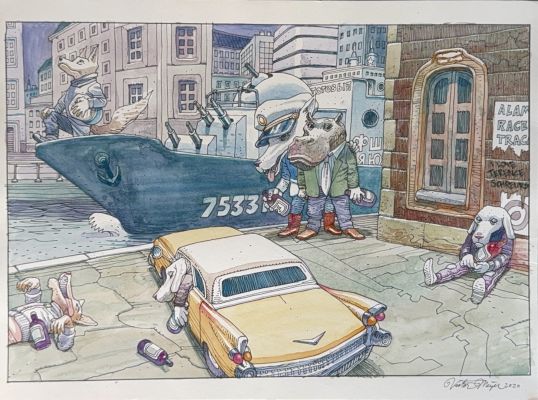 Victor Meijer, original drawing "Animals on Leave" from 2024 | Comic Art Masters