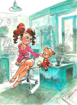 Lot 44 - DAN VERLINDEN né en 1972. Mademoiselle chiffre et petit spirou au bureau. Aquarelle et feutre. | HVMC