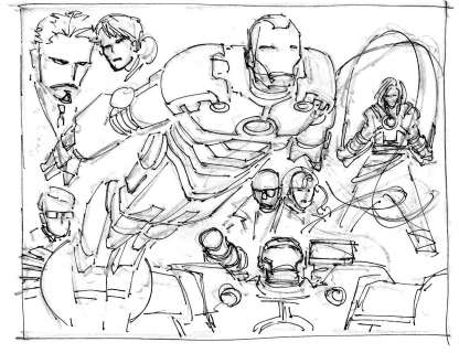 John Romita Jr. - Pencil And Sharpie on 8.5"X11" Paper By John Romita, Jr. | IRON MAN 2 MOVIE - USA Today Sunday Spread Rough A | The Artist’s Choice