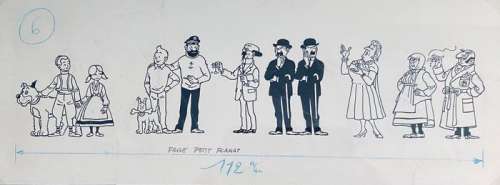Hergé (Studios) | Tintin - Dessin original Studios Hergé - Frise des personnages Â¨Le lac aux requinsÂ¨ - (1972) | Catawiki