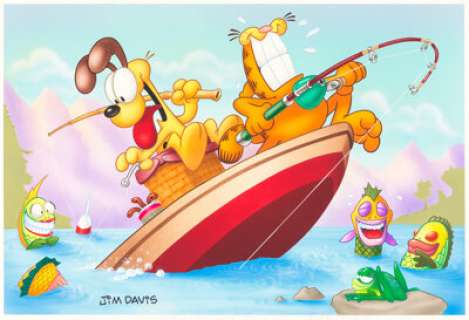 Jim Davis Studio - Garfield and Odie Fishing Painting Original Art (undated).... | Heritage