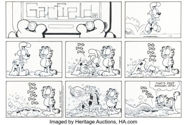 Jim Davis Garfield Sunday Comic Strip Original Art dated 7-18-99 (PAWS/Universal Press Syndicate, 1999). | Heritage