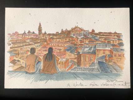 Jim (Thierry Terrasson) | JIM - Dessin original en couleur - Une nuit Ã  Rome - Marie et Raphaël regardent le â€œskyline de Romeâ€ - Page volante - (2016) | Catawiki