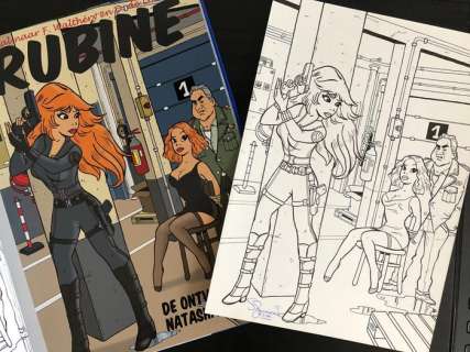 Schokaert, Pascal | Schokaert, Pascal - Originele pagina + Album - Supers - Rubine & Natasja - Hommage aan Walthéry en de Lazare | Catawiki