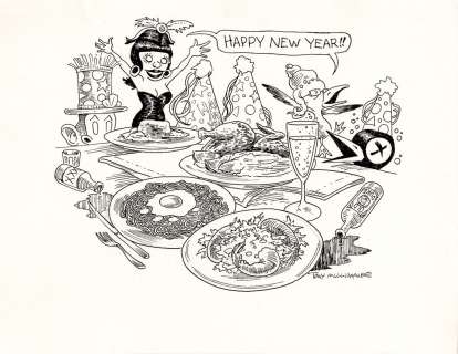 Tony Millionaire - Maakies - happy new year illo