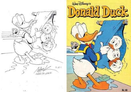 Mark de Jonge, Carl Barks (Original Pencil) | Donald Duck W WDC 146-00 - Signed original inked cover "HDL in one towel" by Carl Barks, inked by Mark de Jonge - Page volante - Exemplaire unique - (1977) | Catawiki