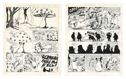 Fred - Histoire en deux planches On est bien peu de choses prépubliée dans le Pilote n°673 de septembre 1972. Traces d’adhésif brun au dos des originaux. Case 1 collée. Signée. Encre de Chine sur papier