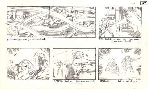 Jack Kirby - fantastic four ‘blastaar the living bomb burst‘ animation storyboard art (mr fantastic, invisible girl, blastaar, lockjaw battle! ) 1978