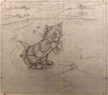 Haywood, Helen Rivière (1908-1995) | Helen Haywood (1908-1995) - Originele tekening in potlood op board - ’Skating Kitten’ - (1956) | Catawiki