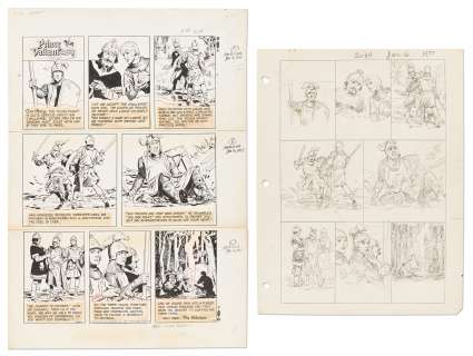 Lot of John Cullen Murphy ’’Prince Valiant’’ Sunday Comic Strip Artwork Plus Hal Foster Preliminary Sketch -- #2084 for Both Strip & Sketch, Dated 16 January 1977 | Nate Sanders