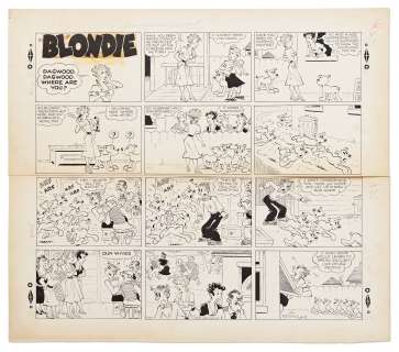 Chic Young Hand-Drawn ’’Blondie’’ Sunday Comic Strip From 1955 -- Daisy and the Pups Try to Warn Dagwood and His Friends | Nate Sanders