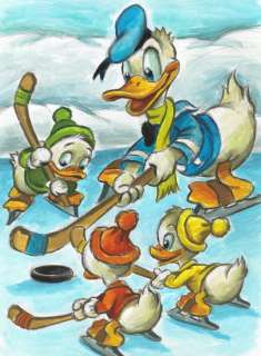 Joan Vizcarra | Donald Duck and His Nephews Playing Ice Hockey - Original Painting - Joan Vizcarra Signed - Original Artwork - Acrylic Art | Catawiki