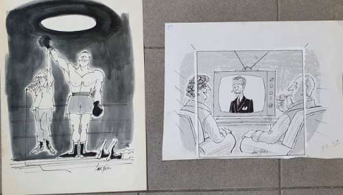 Lauzier, Gérard | Lauzier, Gérard - 2x Dessin original - Le Grand vainqueur + Devant la télévision - (années 1960) | Catawiki