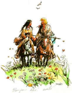 Derib | BUDDY LONGWAY ET CHINOOK Ã€ CHEVAL AU PRINTEMPS Rare dessin en couleurs | Kahn et Associés