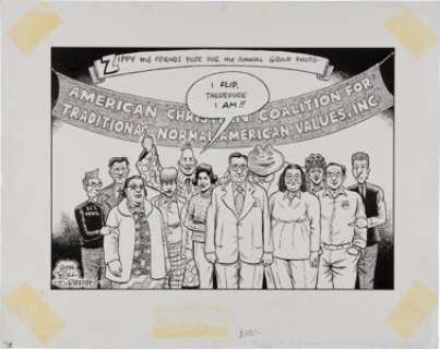 Bill Griffith Zippy Illustration (1994). Zippy, Mr. Toad, and friends pose for the American Christian Coalition -
