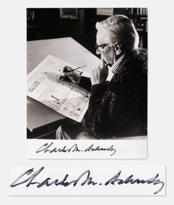Charles Schulz Signed 8’’ x 10’’ Photo -- Unique Image Shows Schulz Drawing a ’’Peanuts’’ Comic Strip | Nate Sanders