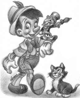 Joan Vizcarra | Pinocchio, Jiminy Cricket and Figaro - Original Drawing - Joan Vizcarra - Pencil Art - Original Artwork | Catawiki