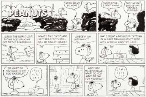Charles Schulz Peanuts Sunday Comic Strip Snoopy as World War I Flying Ace with Woodstock Original Art dated 2-18-... | Heritage