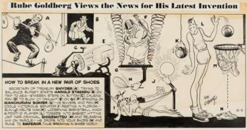 Rube Goldberg Views the News for His Latest Invention Comic Strip Original Art (King Features Syndicate, c. 1950s)....