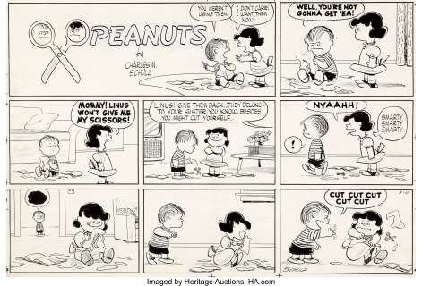 Charles Schulz Peanuts Sunday Comic Strip Lucy and Linus Van Pelt Original Art dated 3-11-56 (United Feature Syndi...