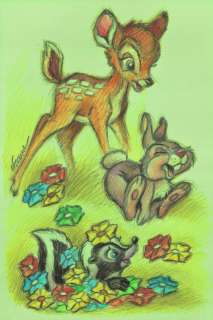 Joan Vizcarra | Bambi, Thumper, and Flower: Playful Harmony - Original Drawing - Joan Vizcarra Signed - Pencil Art - Original Artwork - 48 x 32 cm | Catawiki