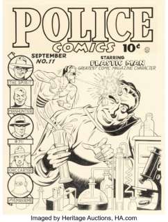 Gill Fox Police Comics #11 Plastic Man Cover Original Art, Color Guide, and Printer’s Proof (Quality, 1942). (Total: 3 Items) | Heritage