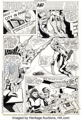 Ross Andru - Hostess Twinkies Ad "Spider-Man and Madame Web!" Complete 1-Page Story Original Art (Marvel, 1977). | Heritage