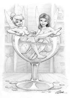 Cera | Cera - Original drawing - Sexy girl - Tinker Bell and fairy friend in cup - Page volante | Catawiki