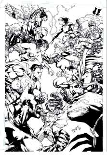 Ed Benes - justice league of america #28 cover (14 heroes / villains: [hawkgirl; black lightning; black canary; wonder woman; superman, batman, dr. Light, battling the shadow cabinet! )