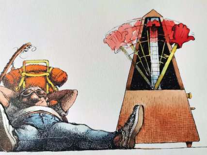 Claude Serre | LOT 65 « autostoppeur musicien » planche originale de Claude SERRE publiée dans album « LES VACANCES » 1984 ed. Glénat – (taille 29.7 x 21 cm) plume encre et aquarelle sur canson | Serre