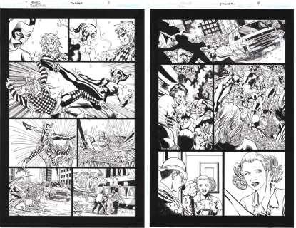 Don Kramer, Wayne Faucher | Detective Comics #837 Pgs. 8 & 9 Two Page Set - Harley Quinn Action - Deadshot & the Riddler - 2007 | Anthony’s Comic Book Art