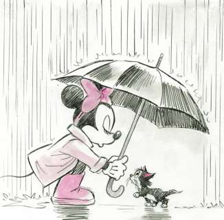 Tony Fernandez - Minnie Shares Her Umbrella with a Cat - Original Watercolor Painting - Hand Signed | Catawiki