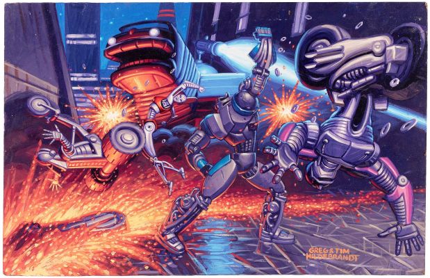 Lot 13 - THE BROTHERS HILDEBRANDT METAL CITY PD "CYCLEBOT GANG FIGHT" ANIMATION PRE-PRODUCTION ORIGINAL ART PAINTING. | Hake’s