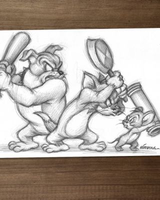 Joan Vizcarra Pencil drawing - Tom & Jerry with Spike – Hand Signed Original Artwork | Catawiki