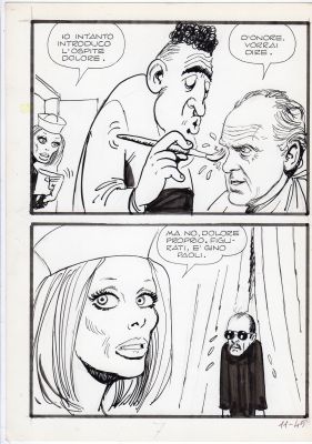 Milo Manara | Tavola originale per Telerompo n. 11 pag.45. Cm 17 x 25. Mondaini, Vianello e Gino Paoli. Matita e china su cartoncino. Publistrip 1974. | Art e Fumetto