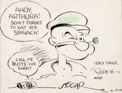 Elzie Crisler Segar Popeye Inscribed Sketch Original Art dated 4-19-36 (1936).... | Heritage