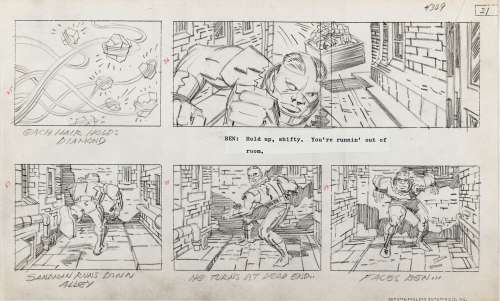 Jack Kirby - Fantastic Four ‘The Frightful Four‘ Storyboard #21 Art (Thing Chases Sandman with Medusa Stealing Diamonds!) 1978
