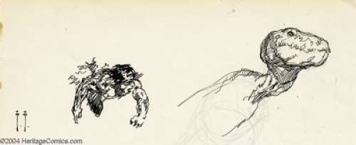Frank Frazetta - T-Rex and Caveman Sketch Original Art (undated). Lively pen and ink gesture studies of a caveman - | Heritage