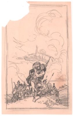 Roy Krenkel | Soldiers Hoisting Chest with Dragon Behind Pencil Sketch on Vellum | Anthony’s Comic Book Art