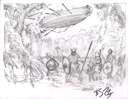Brian Snoddy | Questing Party Gazing Up At Flying Boat Pencil Drawing - Signed | Anthony’s Comic Book Art