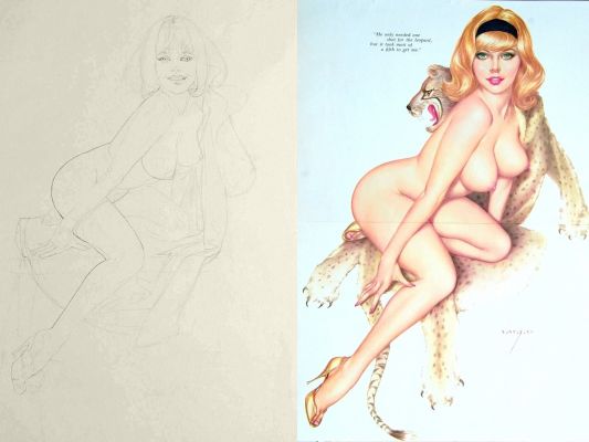 Alberto Vargas | Vargas, Alberto - Playboy Pin-Up / Good-Girl Art Arge Preliminary, Blonde W/ Leopard Coat Jan 1966 | Cool Lines Art