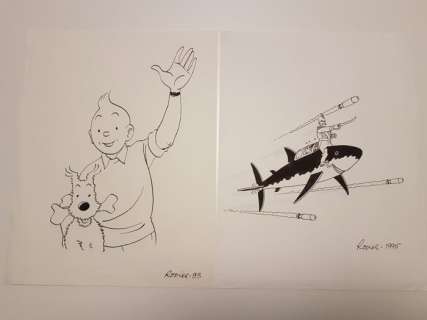 Rodier, Yves - 2 Dessins originaux - Tintin et Milou + Le capitaine et Milou dans le sous-marin requin - (1993 / 1995) | Catawiki