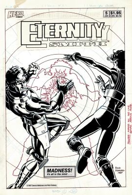 Rick Hoberg | Eternity Smith #5 Cover (Eternity Smith & Nightshade Being Zapped By a Villain!) 1987 | Romitaman