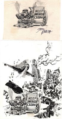 John Romita Sr. | Crazy Magazine #11 Cover Prelim (Classic Nebbish Cleaning Trash with World Destruction Behind Him!) 1975 | Romitaman