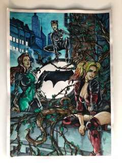 Carlos Eduardo Cunha  - Original Painting In Pen, Ink & Gouache Of Poison Ivy, Cat Woman & Harley Quinn - (2017) | Catawiki