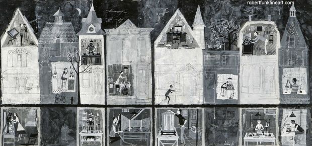 Lorraine Fox | Trailblazing Female Illustrator Looking Into a Neighborhood - Mid Century Illustration | ComicArtFans Classifieds