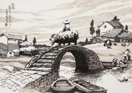 original illustr. - Paesaggio di campagna - marker cm 42x29,7 - Page volante - autres (2018) | Catawiki