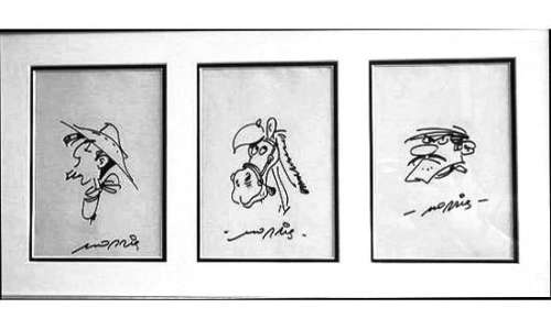 MORRIS. 3 dessins. Encre de Chine noire pour 3 superbes portraits de Lucky | Tessier Sarrou